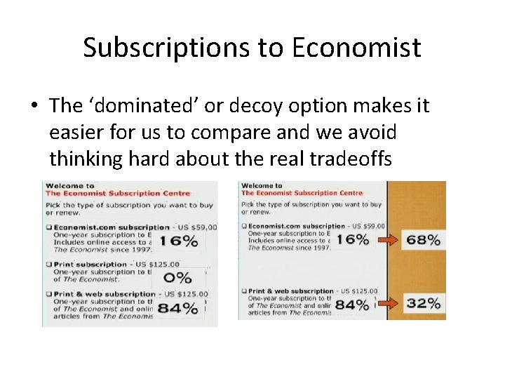 Subscriptions to Economist • The ‘dominated’ or decoy option makes it easier for us