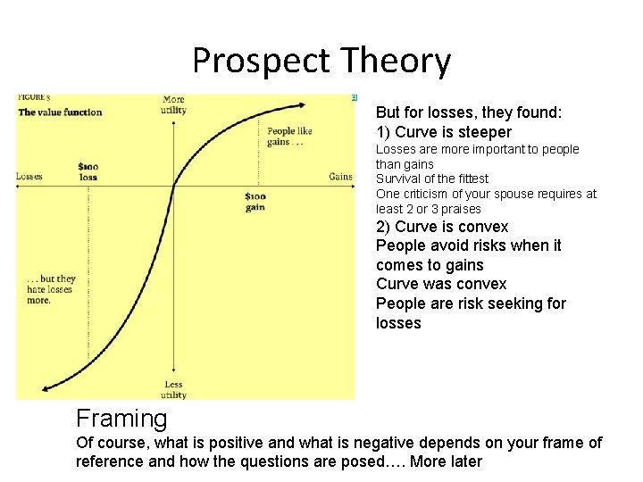 Prospect Theory But for losses, they found: 1) Curve is steeper Losses are more