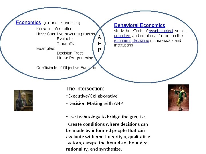 Economics (rational economics) Know all information Have Cognitive power to process Evaluate Tradeoffs Examples: