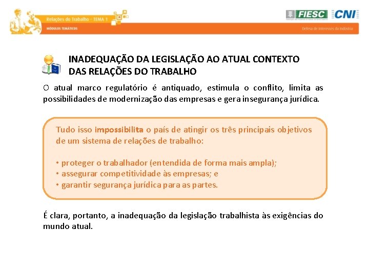 INADEQUAÇÃO DA LEGISLAÇÃO AO ATUAL CONTEXTO DAS RELAÇÕES DO TRABALHO O atual marco regulatório