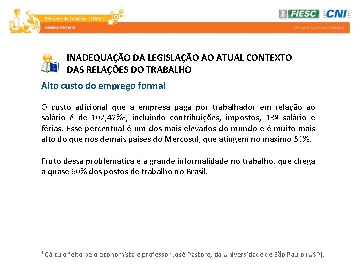 INADEQUAÇÃO DA LEGISLAÇÃO AO ATUAL CONTEXTO DAS RELAÇÕES DO TRABALHO Alto custo do emprego