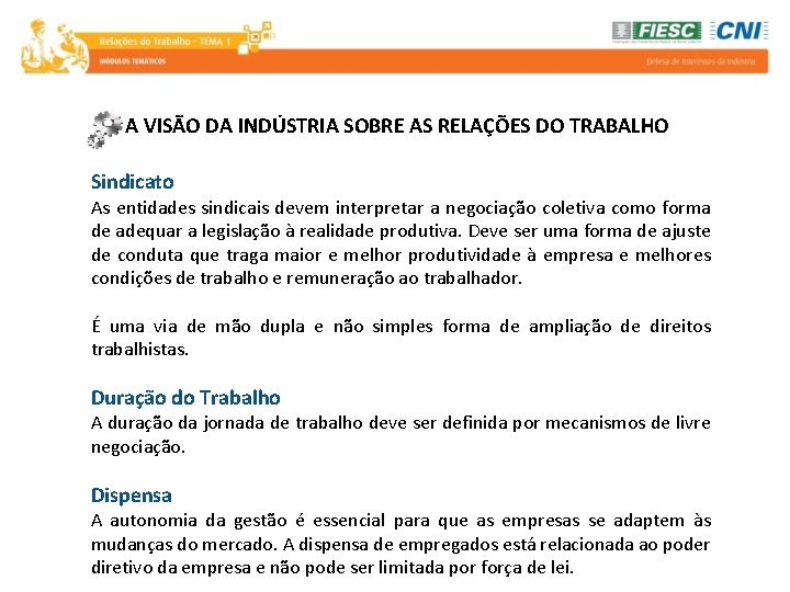 A VISÃO DA INDÚSTRIA SOBRE AS RELAÇÕES DO TRABALHO Sindicato As entidades sindicais devem