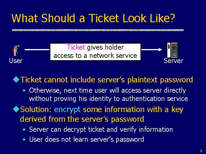 What Should a Ticket Look Like? User Ticket gives holder access to a network