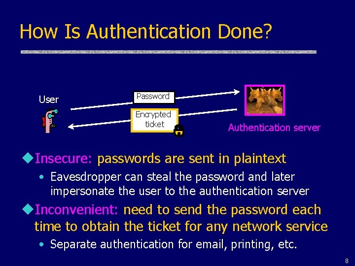 How Is Authentication Done? User Password Encrypted ticket Authentication server u. Insecure: passwords are