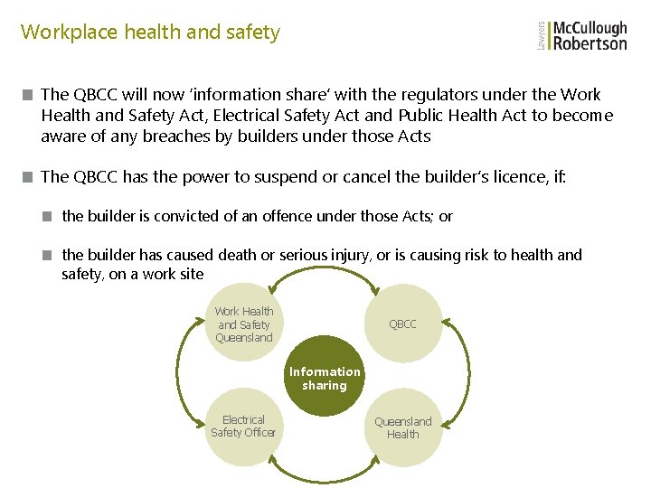 Workplace health and safety ■ The QBCC will now ‘information share’ with the regulators