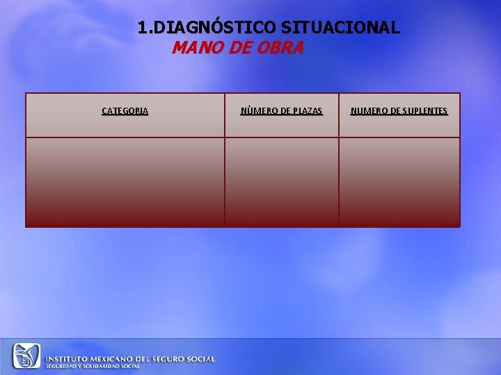 1. DIAGNÓSTICO SITUACIONAL MANO DE OBRA CATEGORIA NÙMERO DE PLAZAS NUMERO DE SUPLENTES 