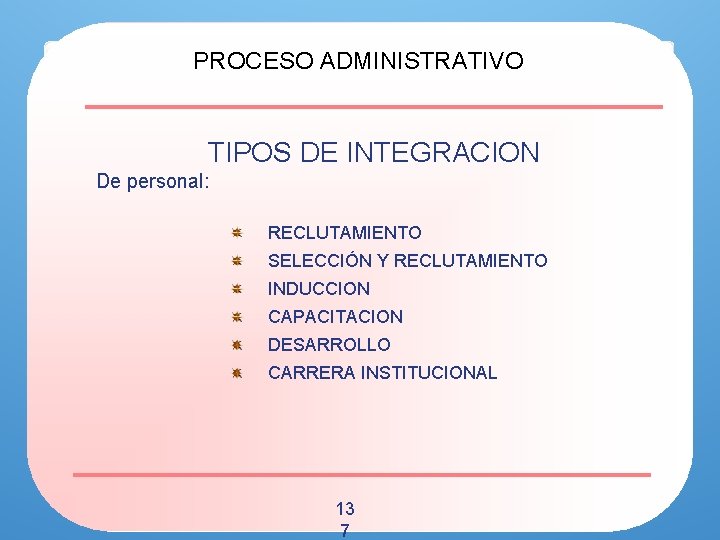 PROCESO ADMINISTRATIVO TIPOS DE INTEGRACION De personal: RECLUTAMIENTO SELECCIÓN Y RECLUTAMIENTO INDUCCION CAPACITACION DESARROLLO