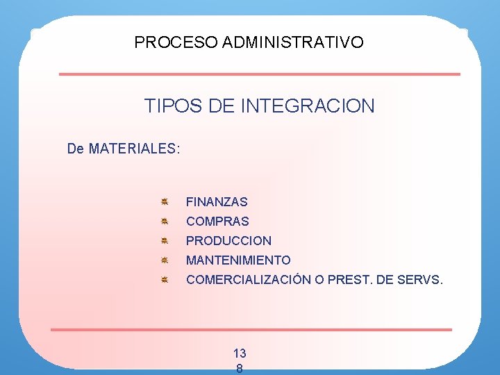 PROCESO ADMINISTRATIVO TIPOS DE INTEGRACION De MATERIALES: FINANZAS COMPRAS PRODUCCION MANTENIMIENTO COMERCIALIZACIÓN O PREST.