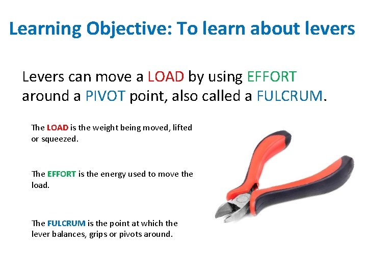 Learning Objective: To learn about levers Levers can move a LOAD by using EFFORT