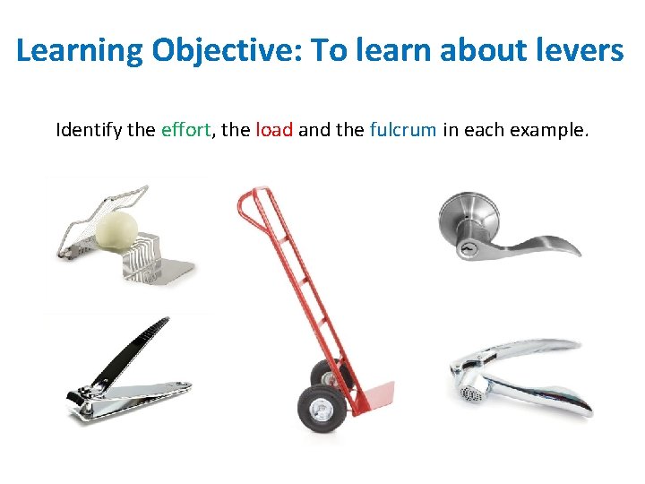 Learning Objective: To learn about levers Identify the effort, the load and the fulcrum