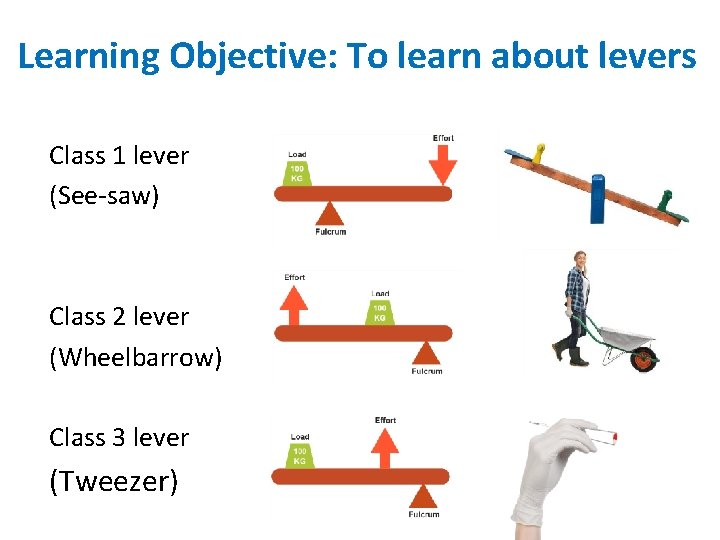 Learning Objective: To learn about levers Class 1 lever (See-saw) Class 2 lever (Wheelbarrow)