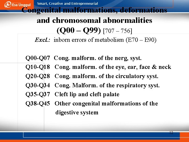 Congenital malformations, deformations and chromosomal abnormalities (Q 00 – Q 99) [707 – 756]