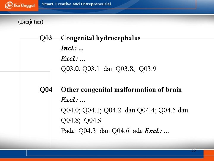 (Lanjutan) Q 03 Congenital hydrocephalus Incl. : . . . Excl. : . .