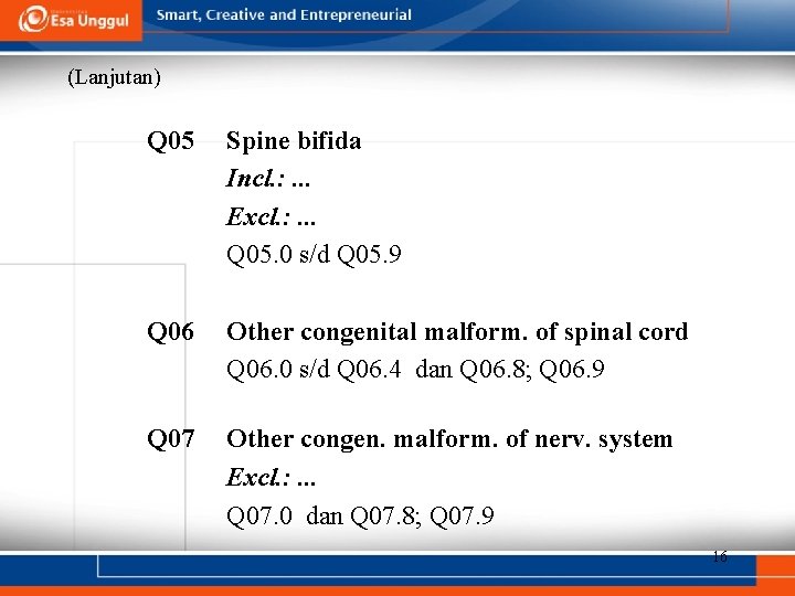 (Lanjutan) Q 05 Spine bifida Incl. : . . . Excl. : . .