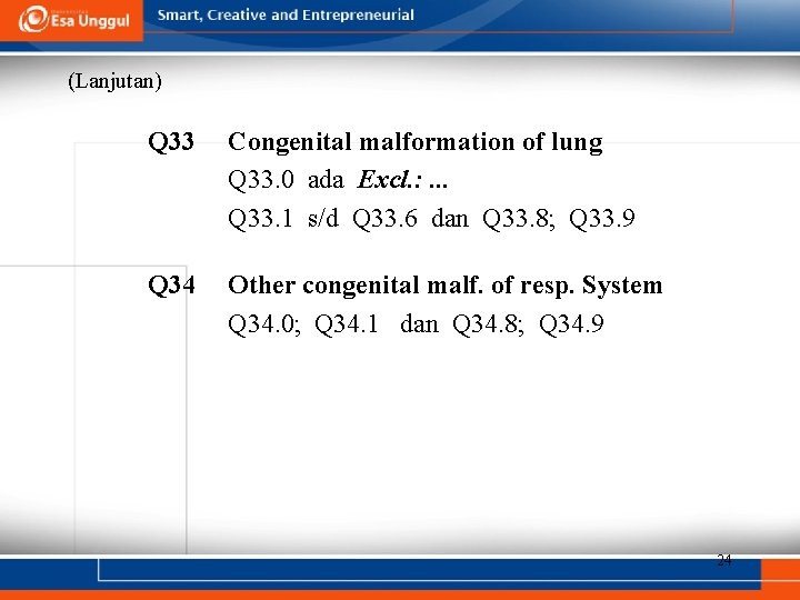 (Lanjutan) Q 33 Congenital malformation of lung Q 33. 0 ada Excl. : .