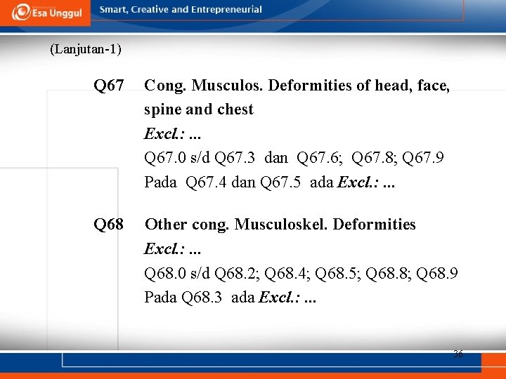 (Lanjutan-1) Q 67 Cong. Musculos. Deformities of head, face, spine and chest Excl. :