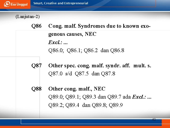 (Lanjutan-2) Q 86 Cong. malf. Syndromes due to known exogenous causes, NEC Excl. :