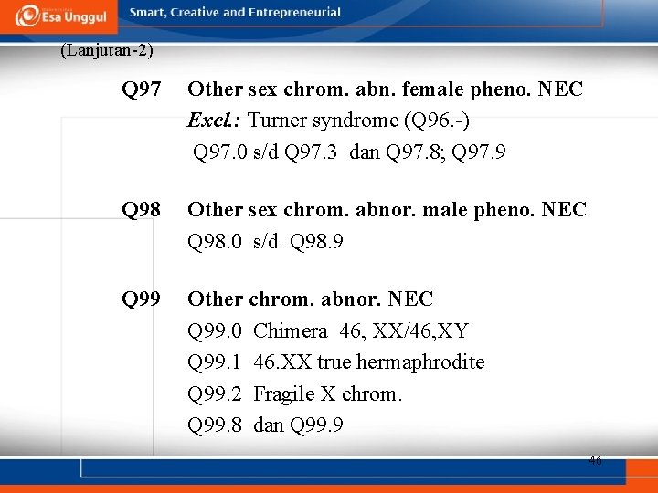 (Lanjutan-2) Q 97 Other sex chrom. abn. female pheno. NEC Excl. : Turner syndrome