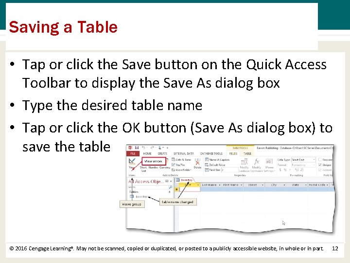 Saving a Table • Tap or click the Save button on the Quick Access