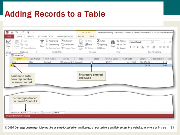 Adding Records to a Table © 2016 Cengage Learning®. May not be scanned, copied