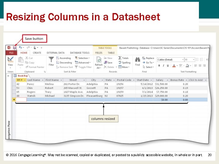 Resizing Columns in a Datasheet © 2016 Cengage Learning®. May not be scanned, copied