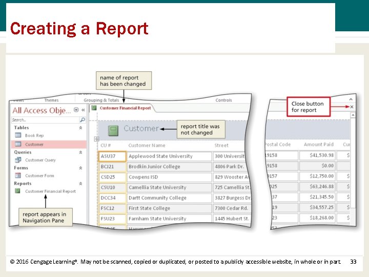 Creating a Report © 2016 Cengage Learning®. May not be scanned, copied or duplicated,