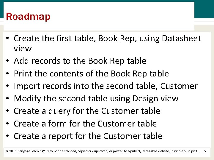 Roadmap • Create the first table, Book Rep, using Datasheet view • Add records