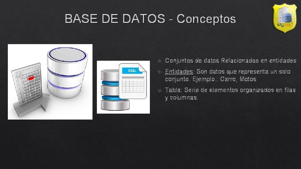 BASE DE DATOS - Conceptos Conjuntos de datos Relacionados en entidades Entidades: Son datos