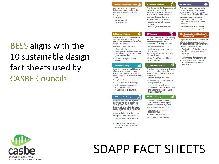 BESS aligns with the 10 sustainable design fact sheets used by CASBE Councils. SDAPP