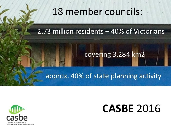 18 member councils: 2. 73 million residents – 40% of Victorians covering 3, 284
