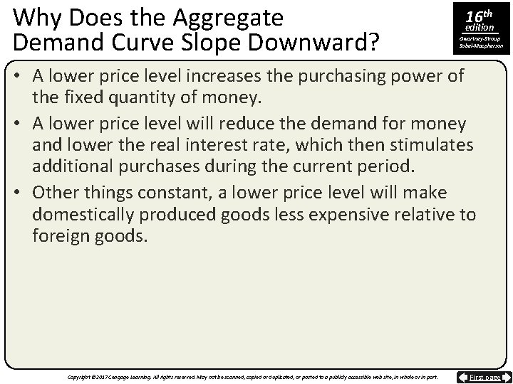 Why Does the Aggregate Demand Curve Slope Downward? 16 th edition Gwartney-Stroup Sobel-Macpherson •