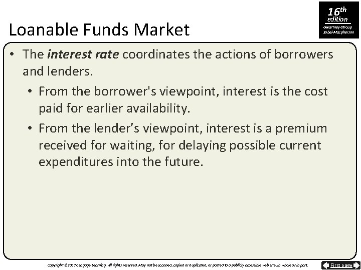 Loanable Funds Market 16 th edition Gwartney-Stroup Sobel-Macpherson • The interest rate coordinates the