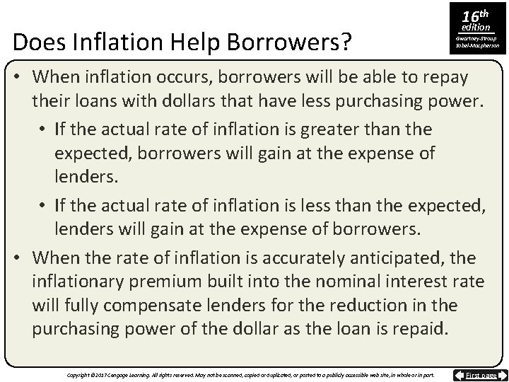 Does Inflation Help Borrowers? 16 th edition Gwartney-Stroup Sobel-Macpherson • When inflation occurs, borrowers