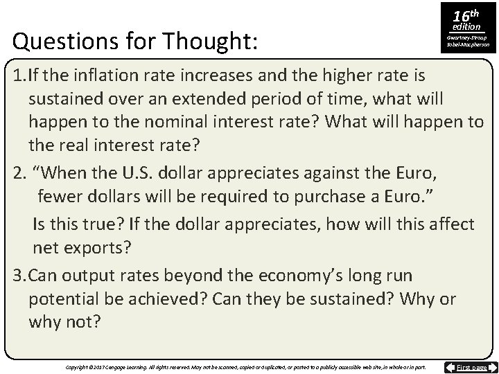 Questions for Thought: 16 th edition Gwartney-Stroup Sobel-Macpherson 1. If the inflation rate increases