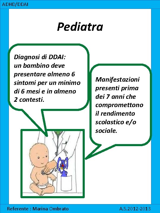 ADHD/DDAI Pediatra Diagnosi di DDAI: un bambino deve presentare almeno 6 sintomi per un