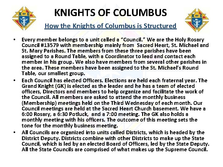 KNIGHTS OF COLUMBUS How the Knights of Columbus is Structured • • • Every