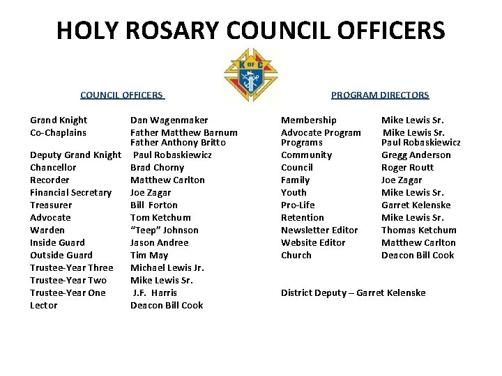 HOLY ROSARY COUNCIL OFFICERS Grand Knight Co-Chaplains Dan Wagenmaker Father Matthew Barnum Father Anthony