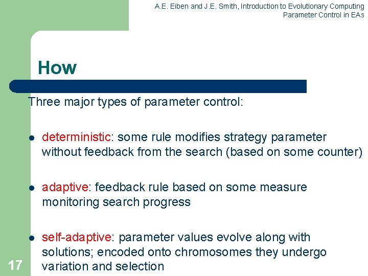 A. E. Eiben and J. E. Smith, Introduction to Evolutionary Computing Parameter Control in