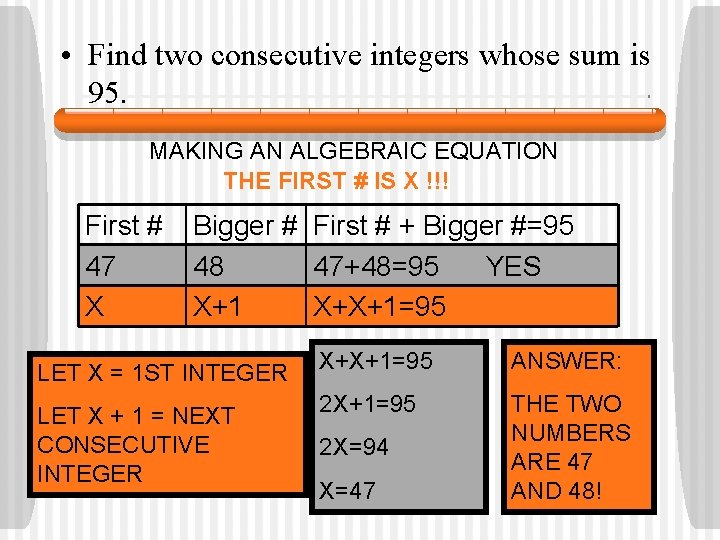  • Find two consecutive integers whose sum is 95. MAKING AN ALGEBRAIC EQUATION