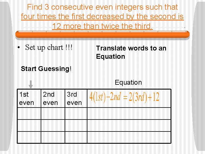 Find 3 consecutive even integers such that four times the first decreased by the