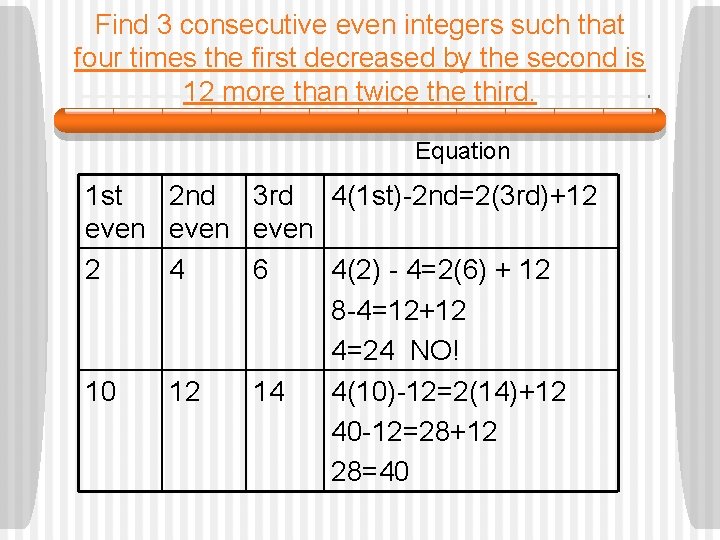 Find 3 consecutive even integers such that four times the first decreased by the