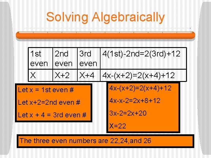 Solving Algebraically 1 st 2 nd 3 rd 4(1 st)-2 nd=2(3 rd)+12 even X
