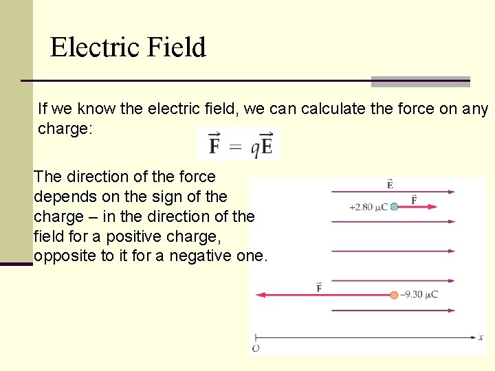 Electric Field If we know the electric field, we can calculate the force on