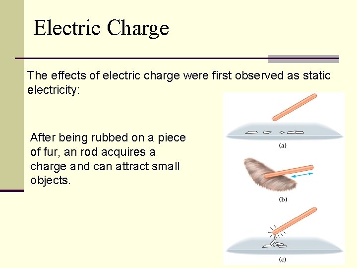 Electric Charge The effects of electric charge were first observed as static electricity: After