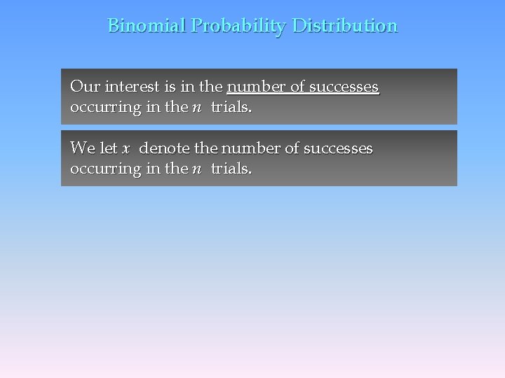 Binomial Probability Distribution Our interest is in the number of successes occurring in the