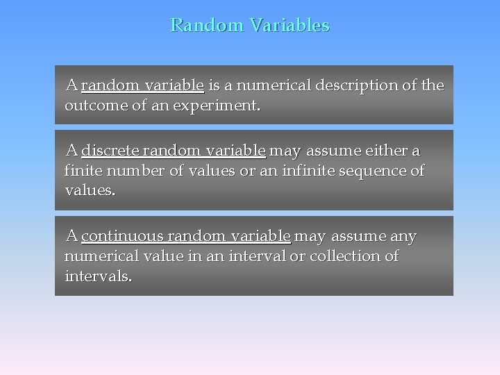 Random Variables A random variable is a numerical description of the outcome of an
