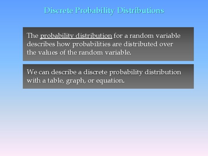 Discrete Probability Distributions The probability distribution for a random variable describes how probabilities are