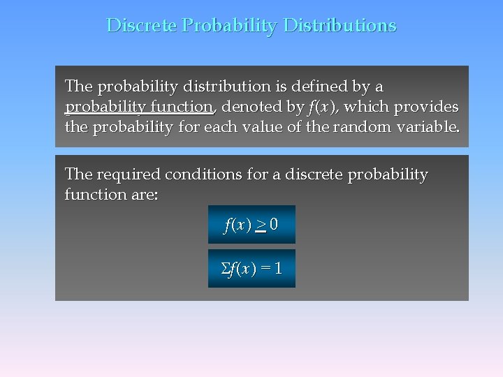 Discrete Probability Distributions The probability distribution is defined by a probability function, denoted by