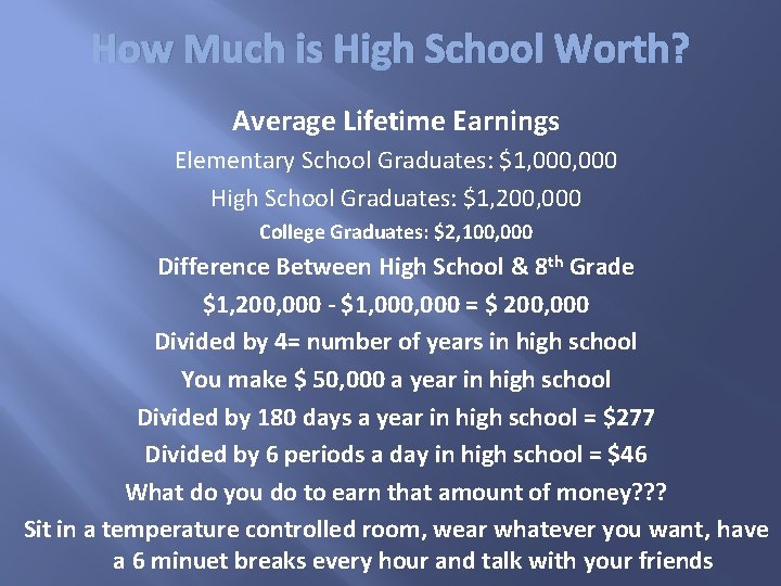 How Much is High School Worth? Average Lifetime Earnings Elementary School Graduates: $1, 000
