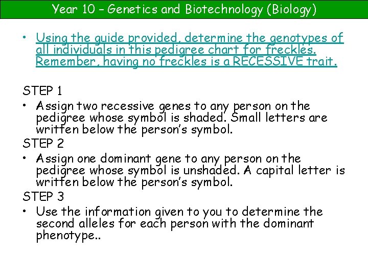 Year 10 – Genetics and Biotechnology (Biology) • Using the guide provided, determine the